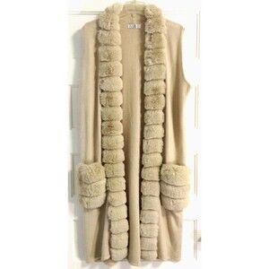 Penny Lane Cardigan Sweater M Beige Faux Fur Pockets Retro Mob Wives Old Money